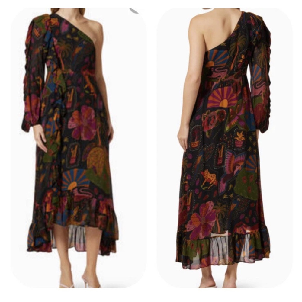 FARM Rio Crazy Mix Midi Vibrant One-Shoulder Dress XS Side Zipper Ruffle